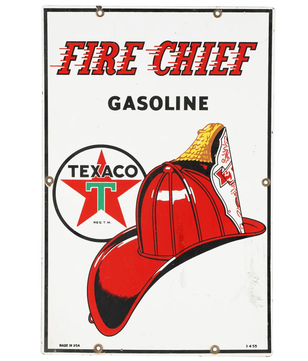 PAINTED TIN FIRE CHIEF GASOLINE SIGNinscribed