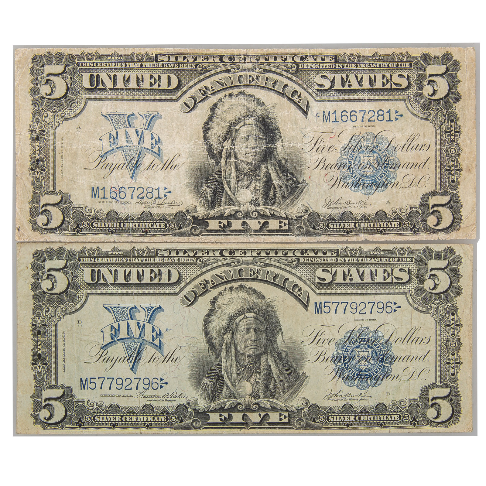 A PAIR OF 1899 5 SILVER CERTIFICATE 334134