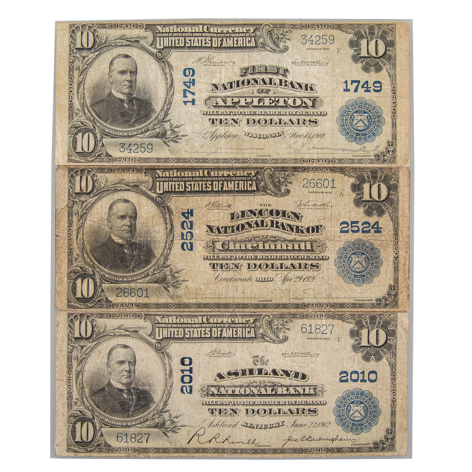 A TRIO OF MIDWEST $10 1902 PLAIN