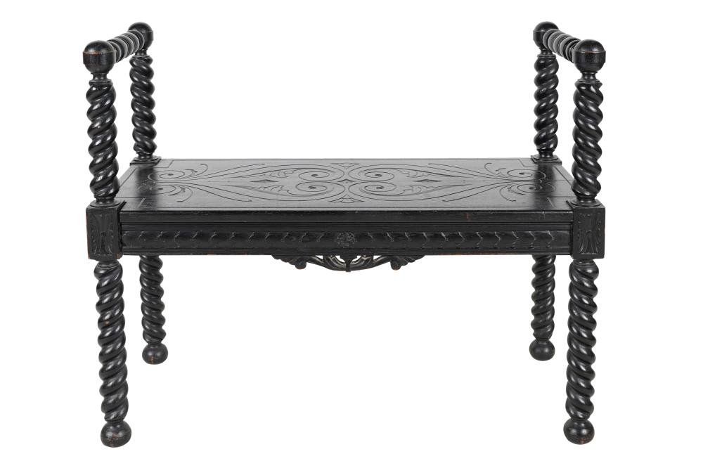 CARVED TURNED EBONIZED OAK BENCHthe 33417f