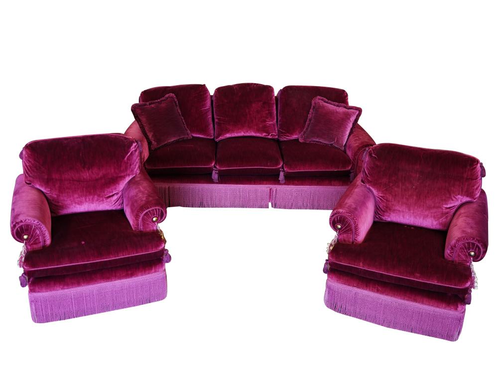 RED VELVET SOFA & TWO CLUB CHAIRSeach