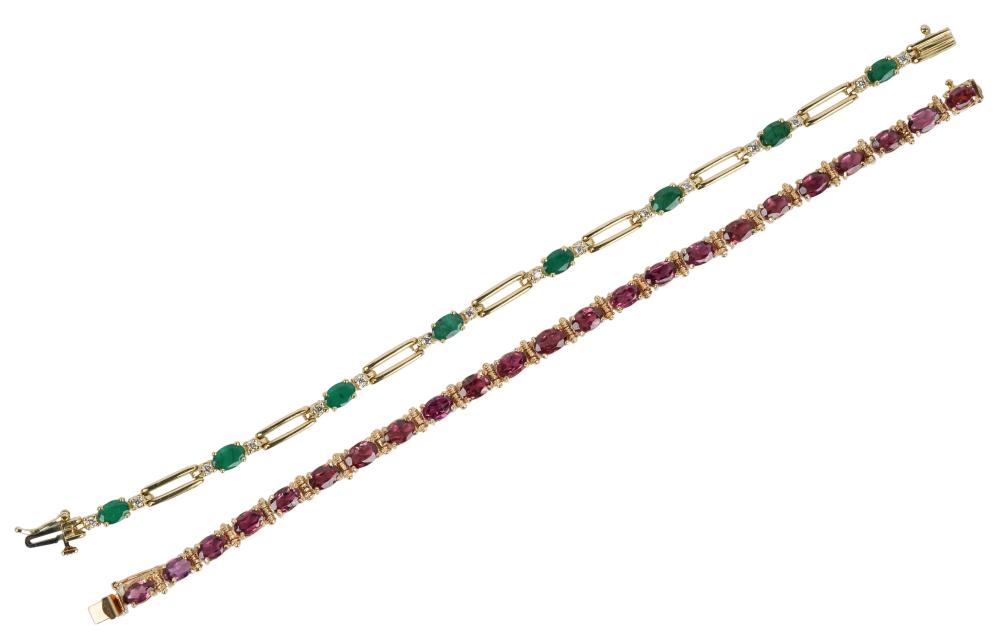 TWO 14 KARAT YELLOW GOLD & GEM-SET