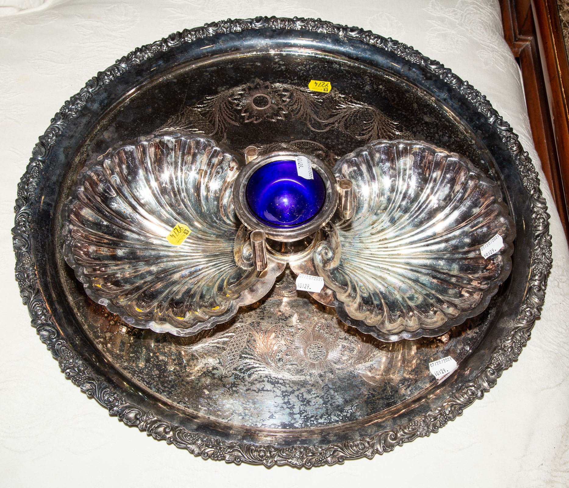 LARGE SILVER PLATE TRAY & SHRIMP DISH