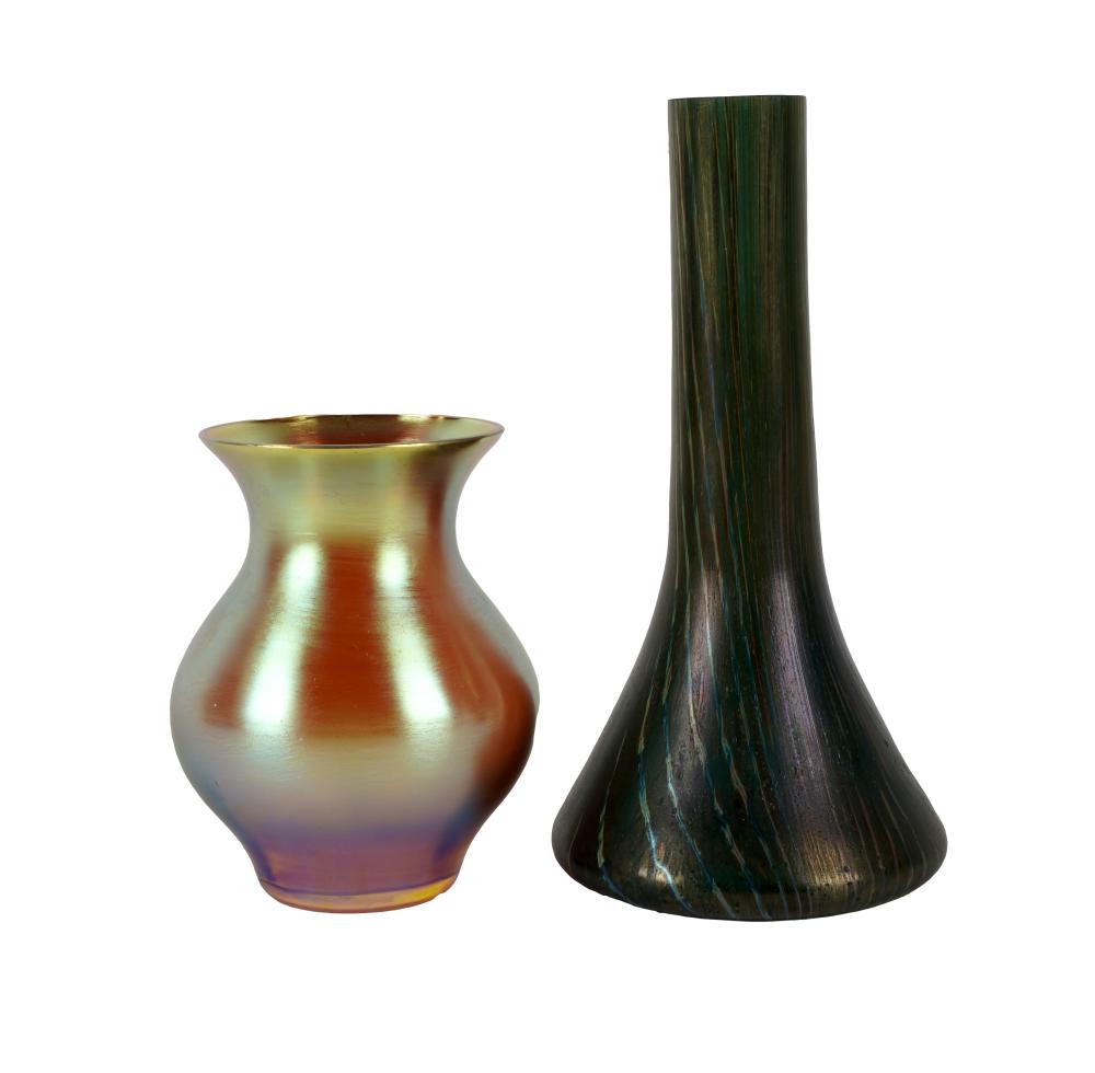 TWO IRIDESCENT GLASS VASESthe first: