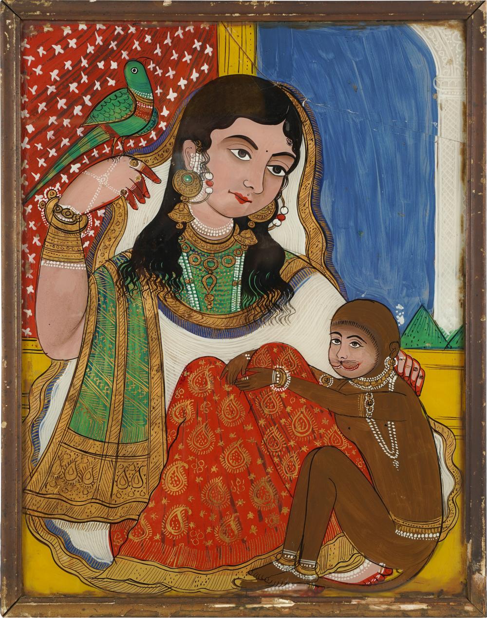 EAST INDIAN SCHOOL WOMAN MONKEYrevers painted 331f6e