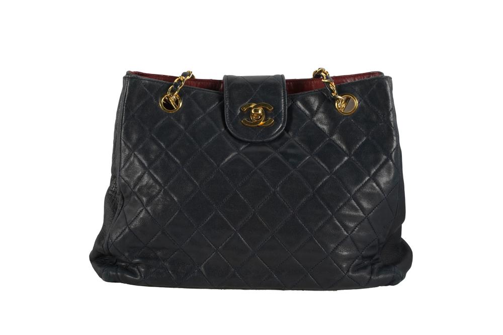 CHANEL NAVY QUILTED LEATHER HANDBAGworn