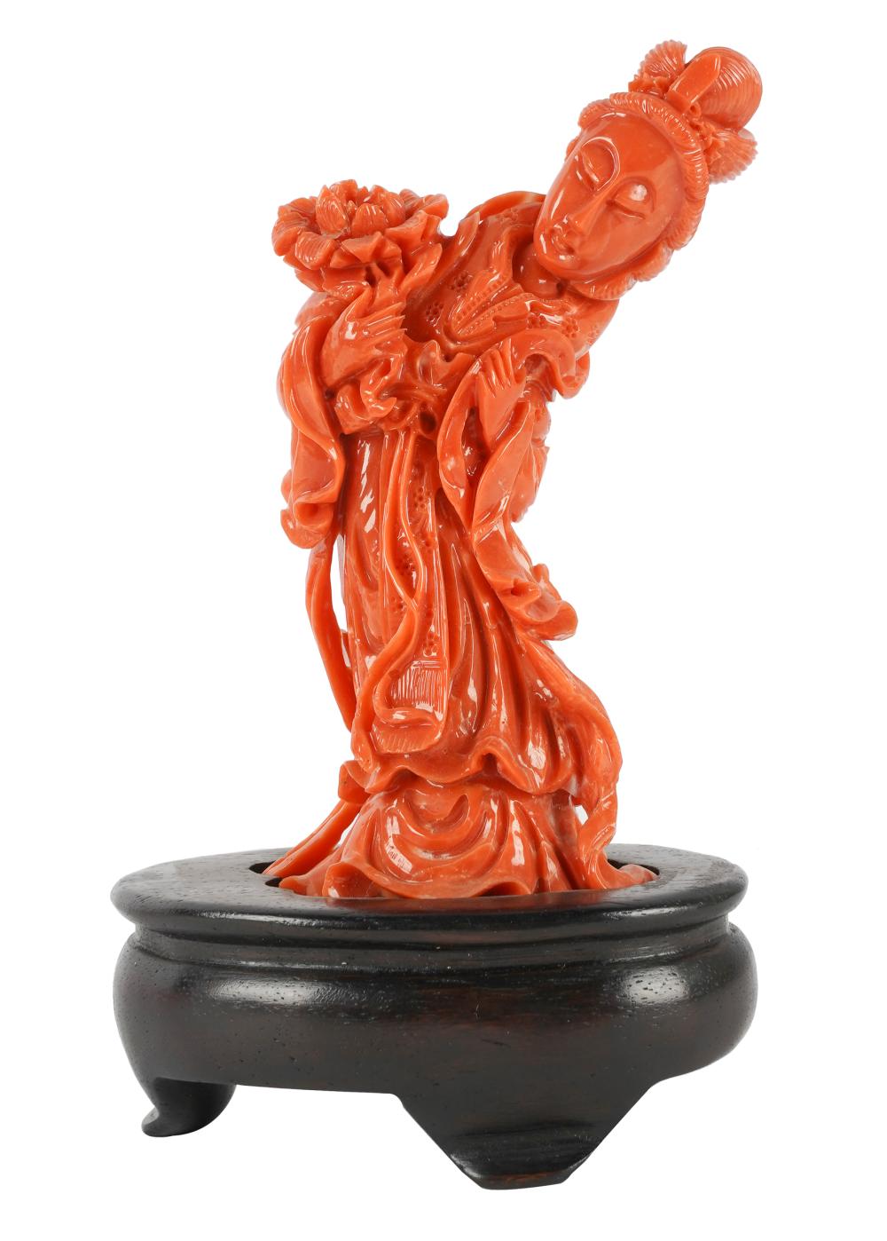 CHINESE CARVED CORAL QUAN YINaffixed