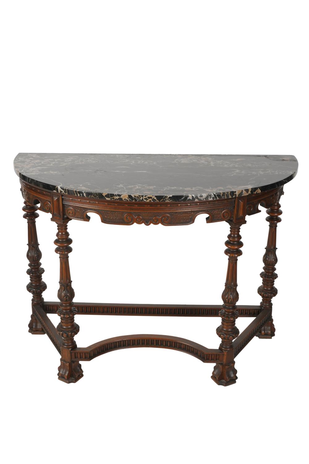 MARBLE-TOP CARVED WOOD DEMILUNE