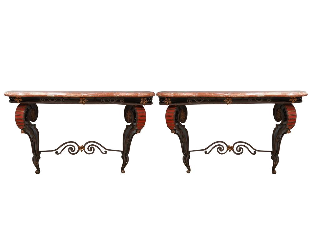 PAIR OF IRON & MARBLE TOP CONSOLESthe