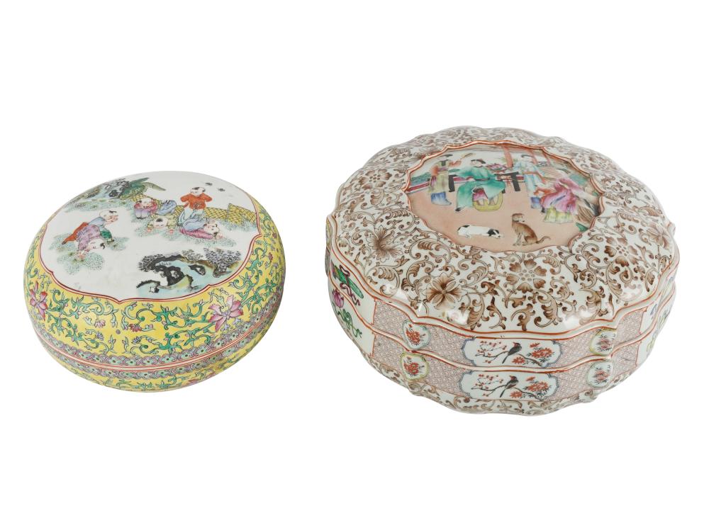 TWO CHINESE ROUND PORCELAIN COVERED