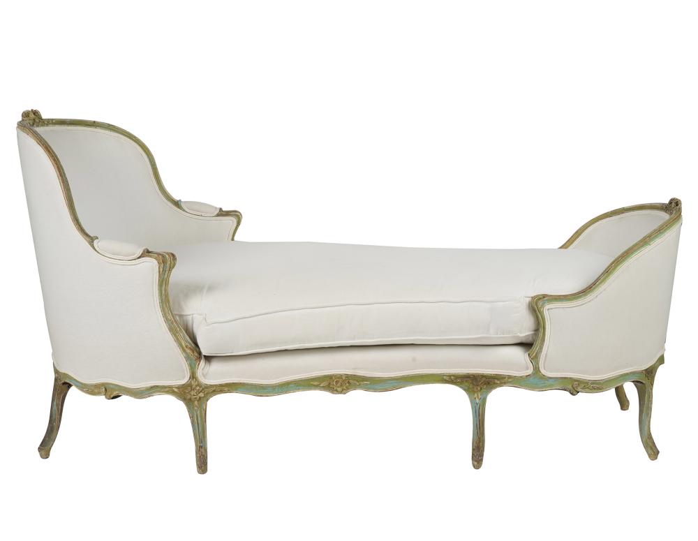 PAINTED LOUIS XV-STYLE CHAISE LOUNGEcovered