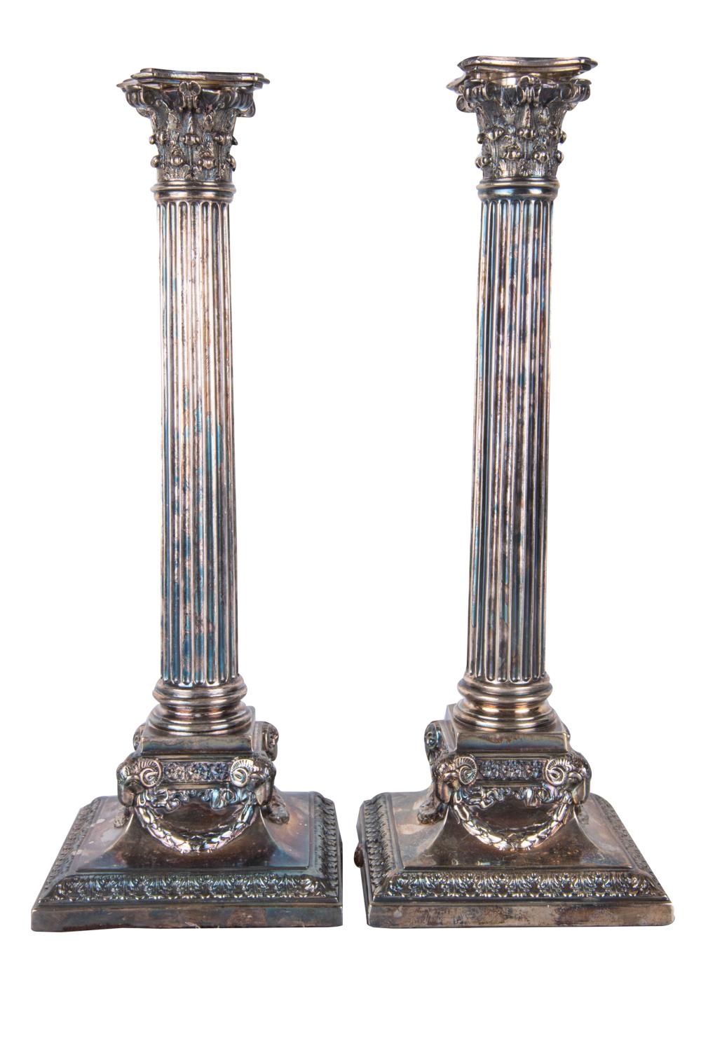 PAIR OF SILVERPLATE COLUMNAR CANDLESTICKSno