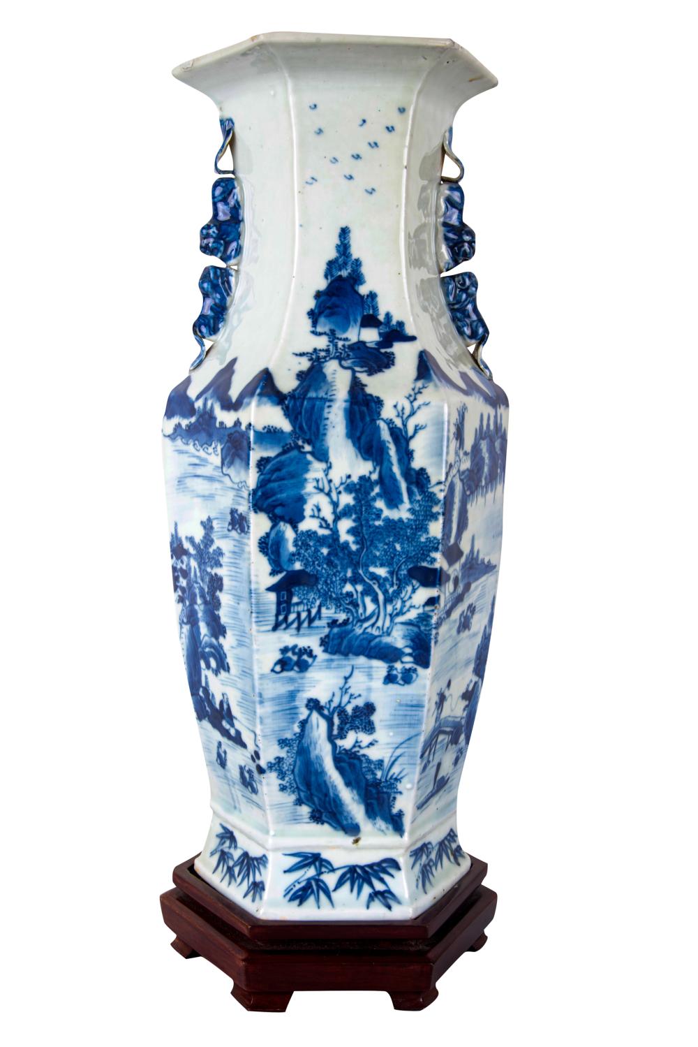 CHINESE BLUE & WHITE CERAMIC HEXAGONAL