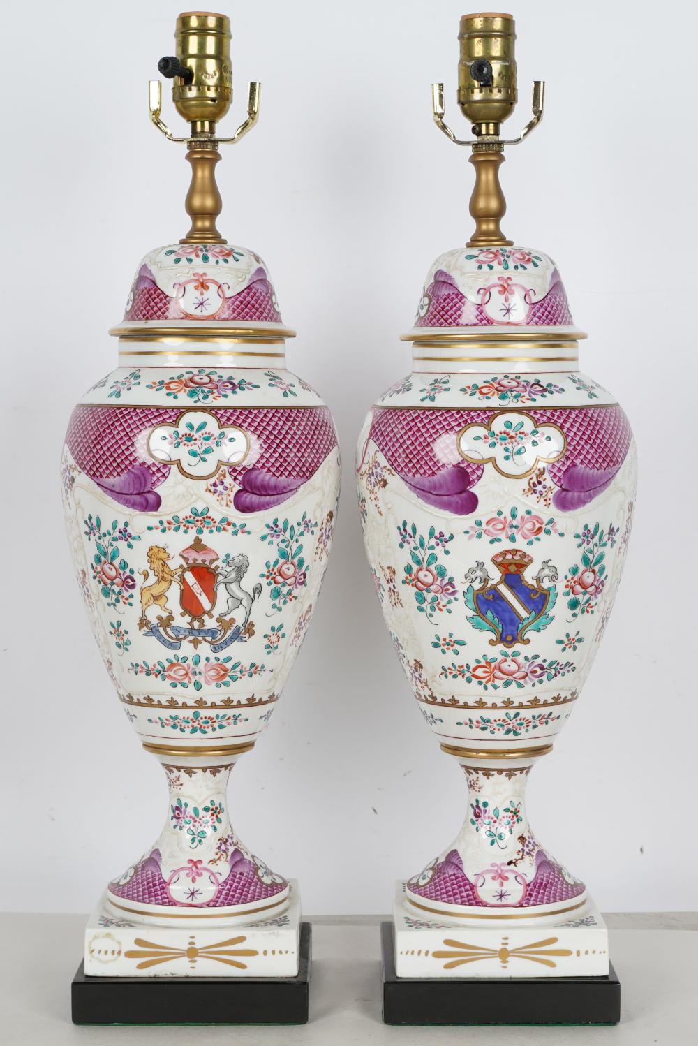 PAIR OF PORCELAIN COVERED URNSmounted