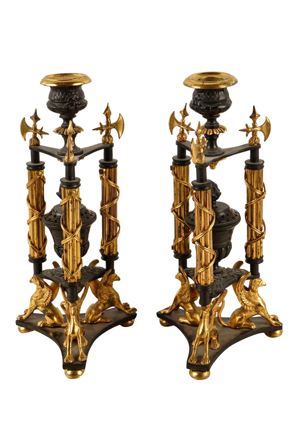 PAIR OF EMPIRE STYLE PERFUME CANDLESTICKSpatinated 33234e