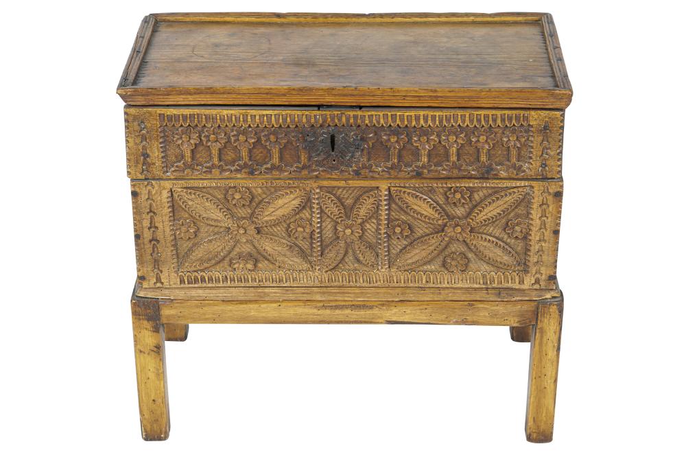 RUSTIC CARVED WOOD CHEST ON STANDwith