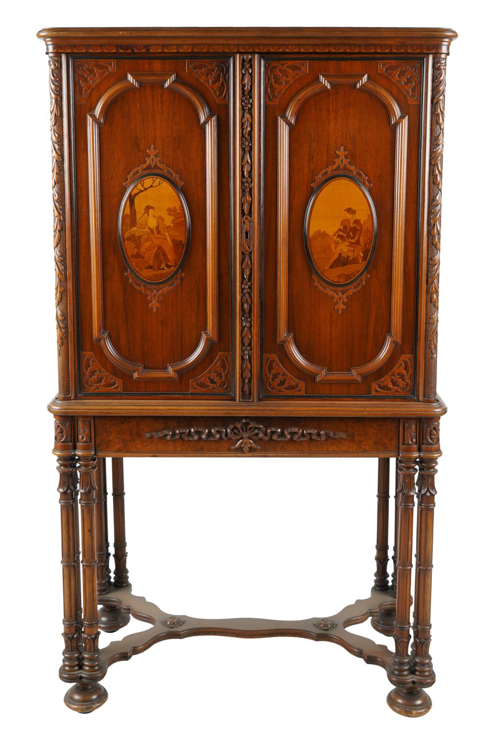 CARVED WALNUT & MARQUETRY CABINET