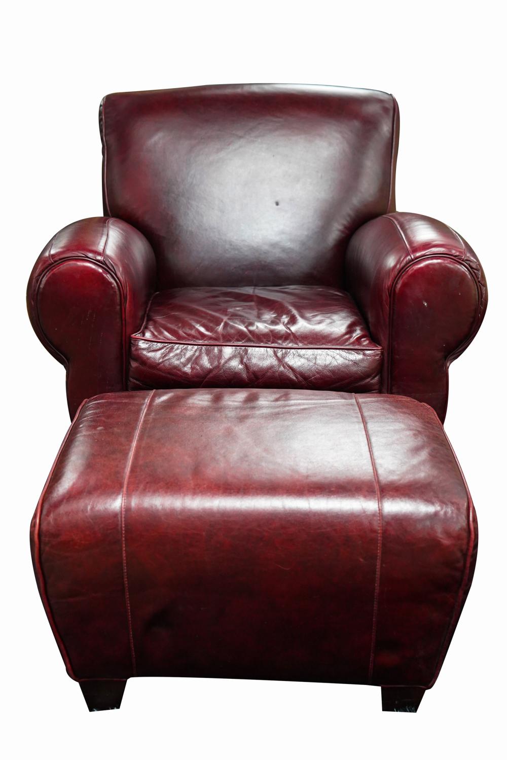 BURGUNDY LEATHER CLUB CHAIR & OTTOMANMitchell