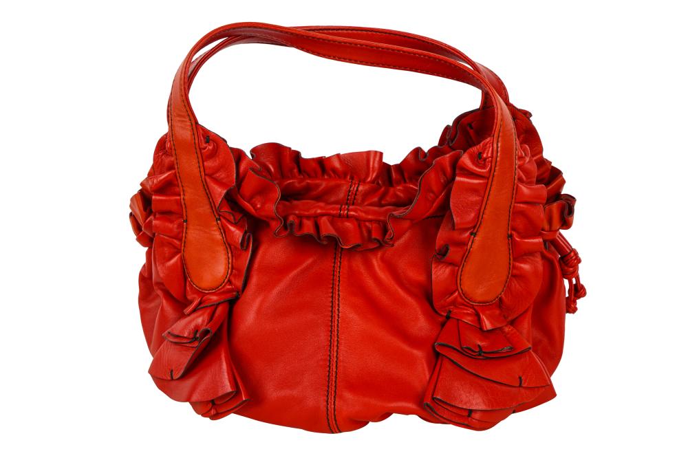 VALENTINO RED LEATHER RUFFLE TOTEwith 332797