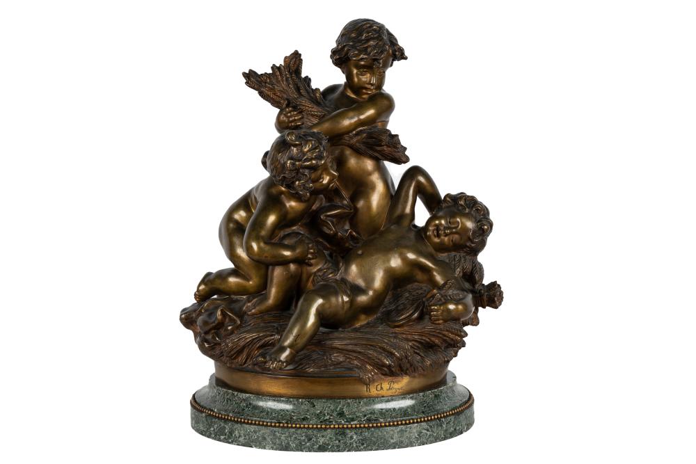 FRENCH BRONZE CHERUB GROUPsigned