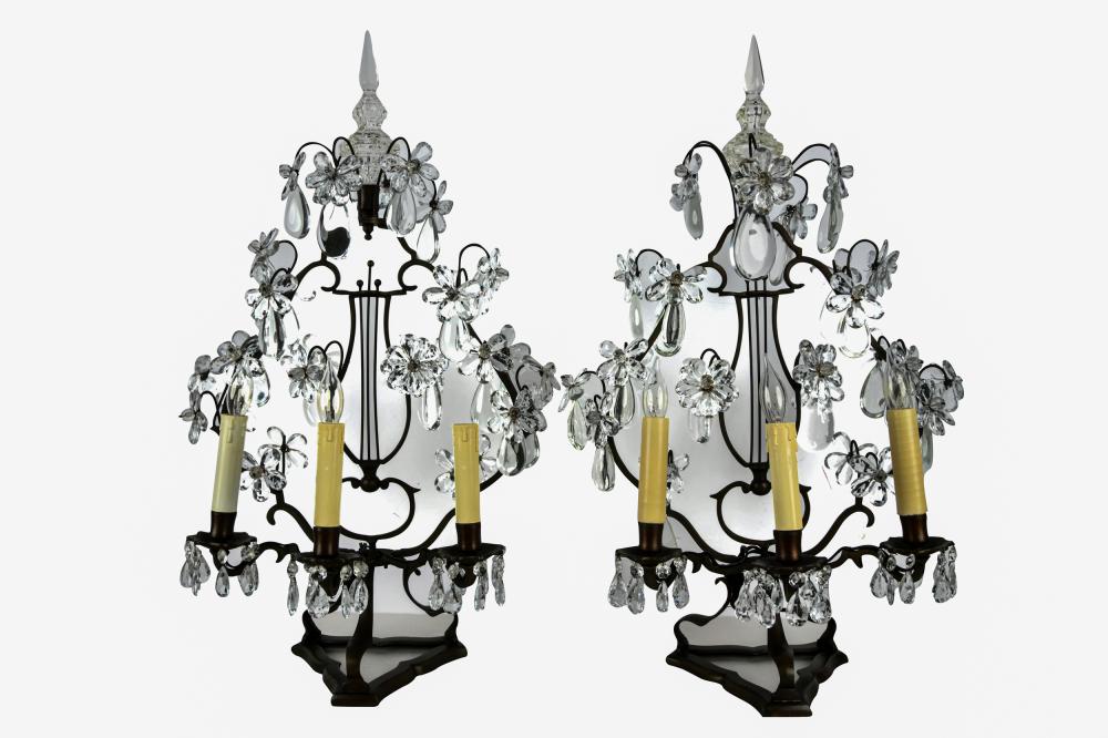 PAIR OF FRENCH METAL AND CRYSTAL