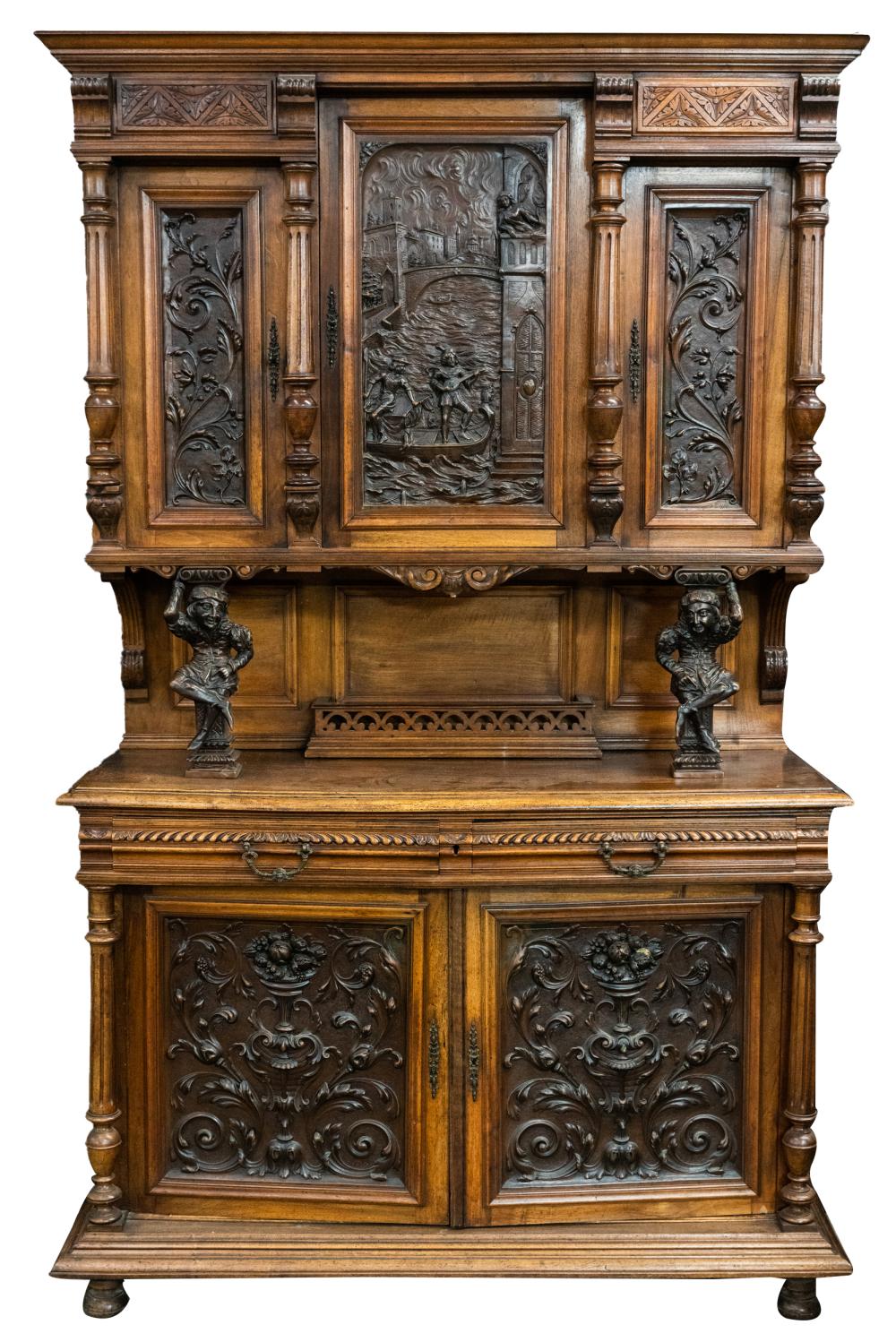 FRENCH CARVED WALNUT & BRONZE TWO-PART