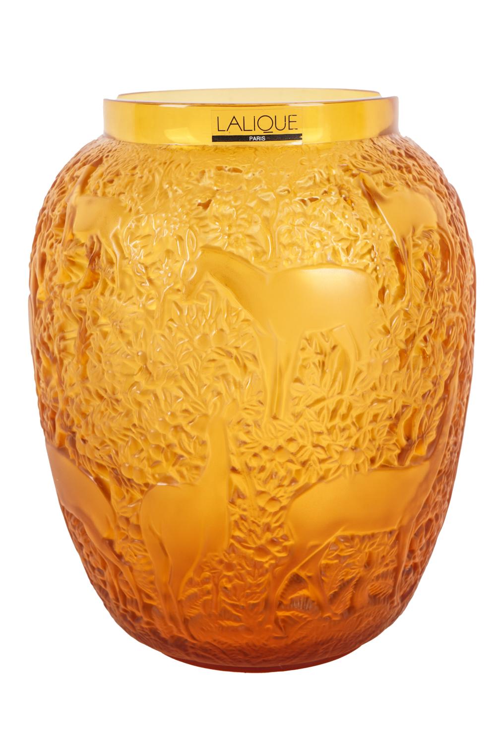LALIQUE AMBER GLASS BICHES VASEsigned 332975
