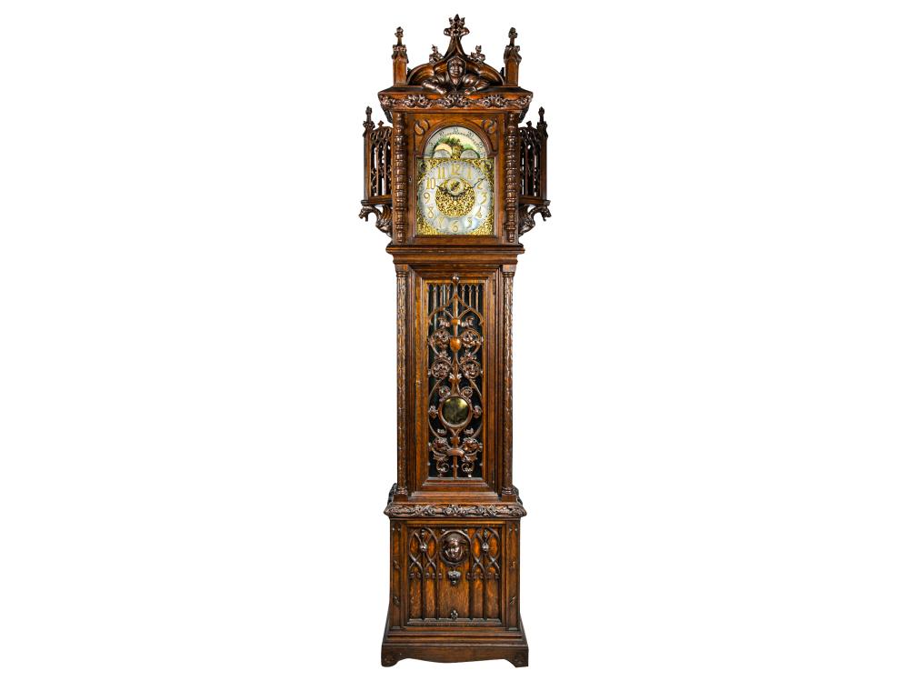 GOTHIC REVIVAL OAK TALL CASE CLOCKsigned 332a82