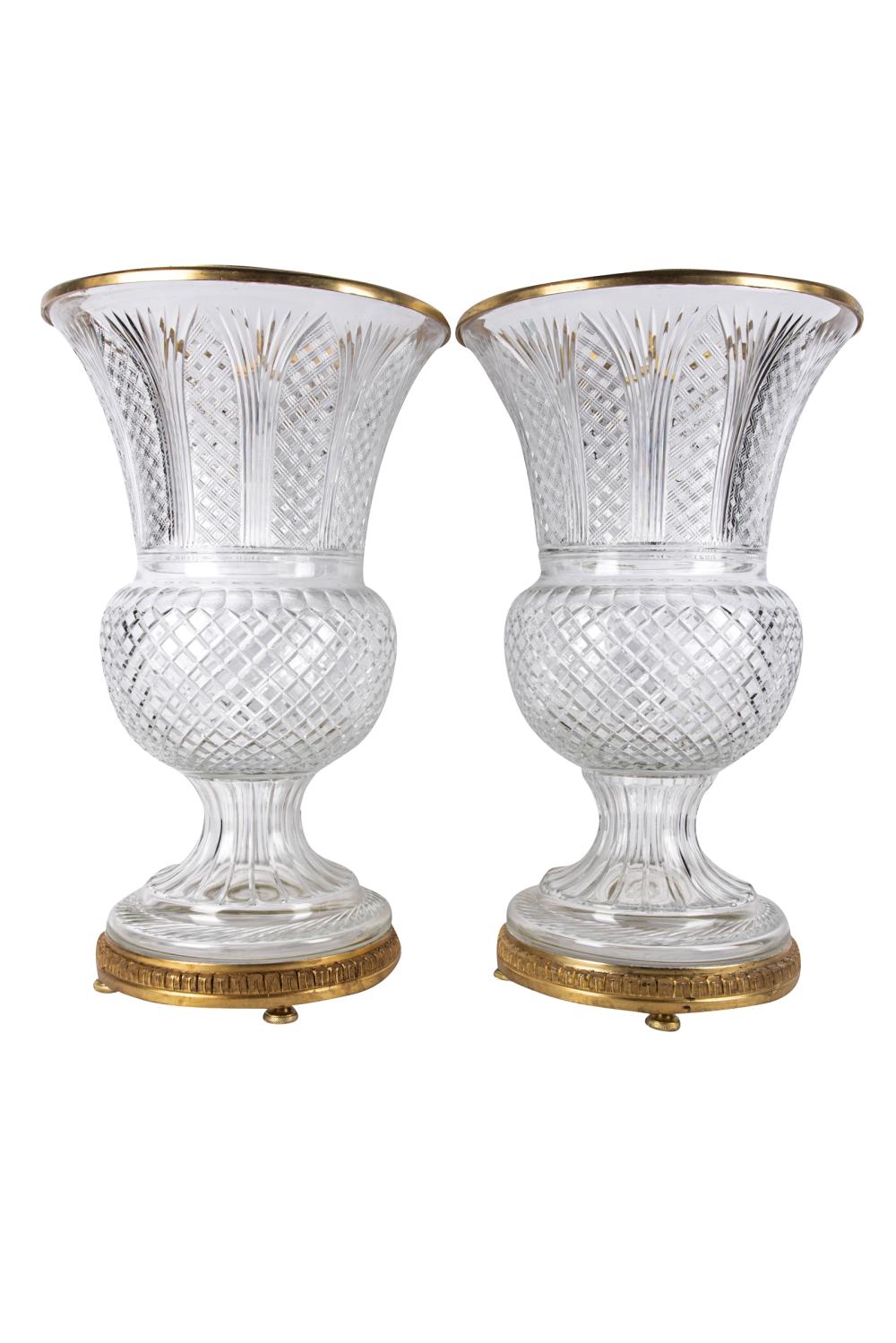 PAIR OF CUT CRYSTAL URNSwith gilt metal 332a99