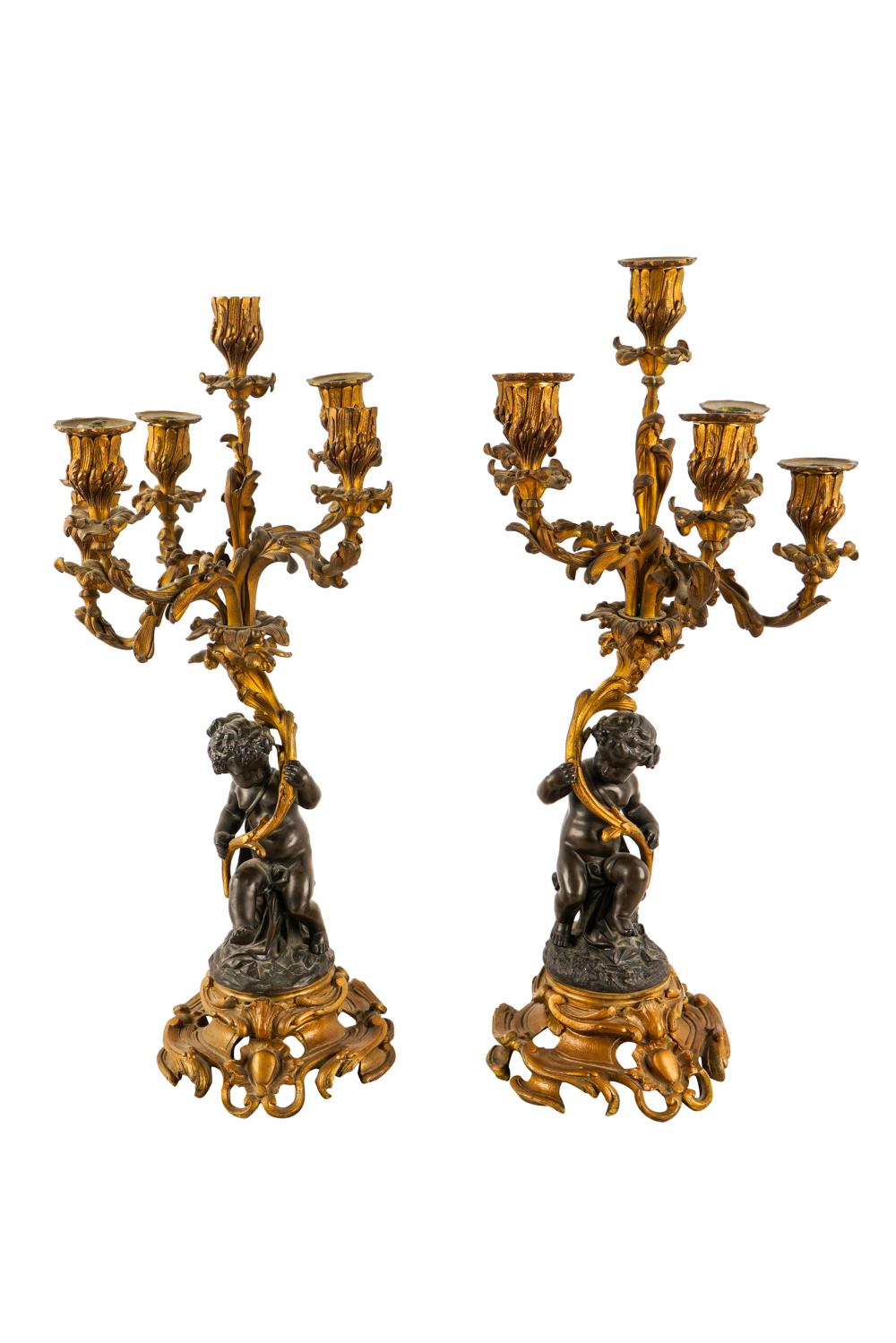 PAIR OF ROCOCO STYLE FIGURAL CANDELABRAbronze