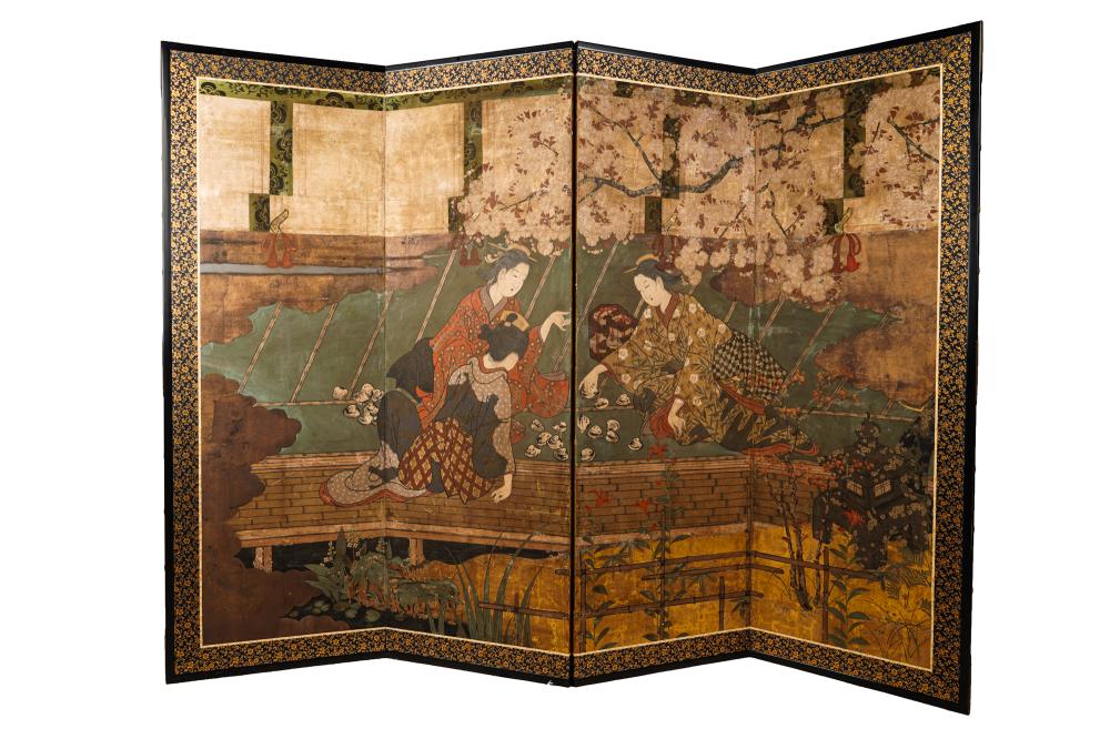 JAPANESE PAINTED FOUR-PANEL SCREENdepicting