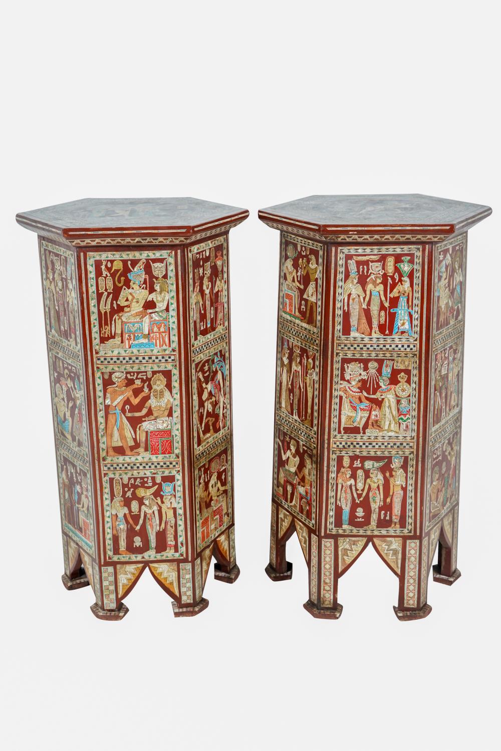 PAIR OF EGYPTIANESQUE PAINTED HEXAGONAL