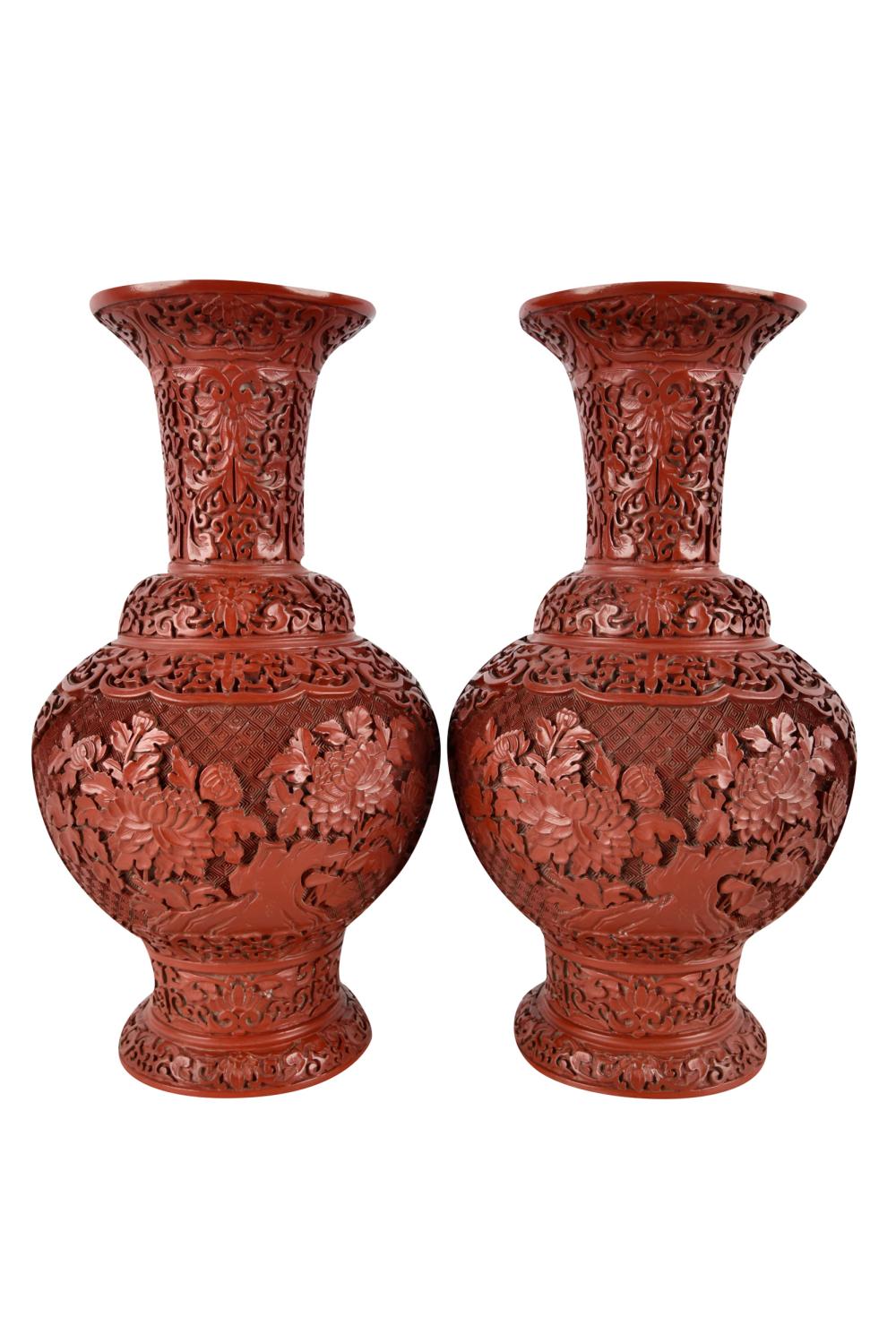 PAIR OF CHINESE RED LACQUER VASESeach