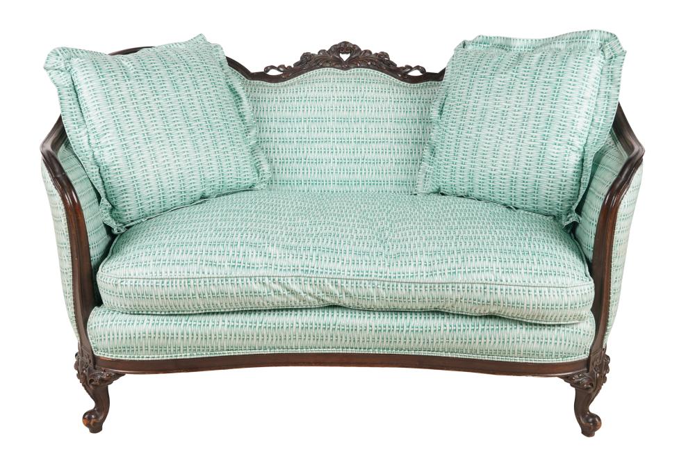 MAHOGANY FRAMED UPHOLSTERED LOVESEATwith 332d18