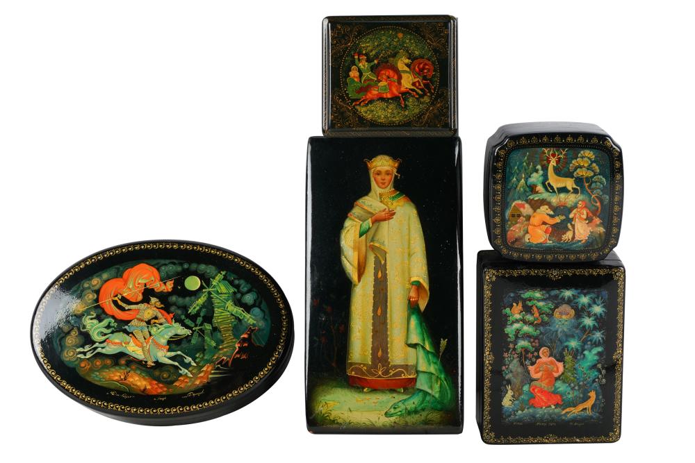 FIVE RUSSIAN LACQUERED BOXESthree