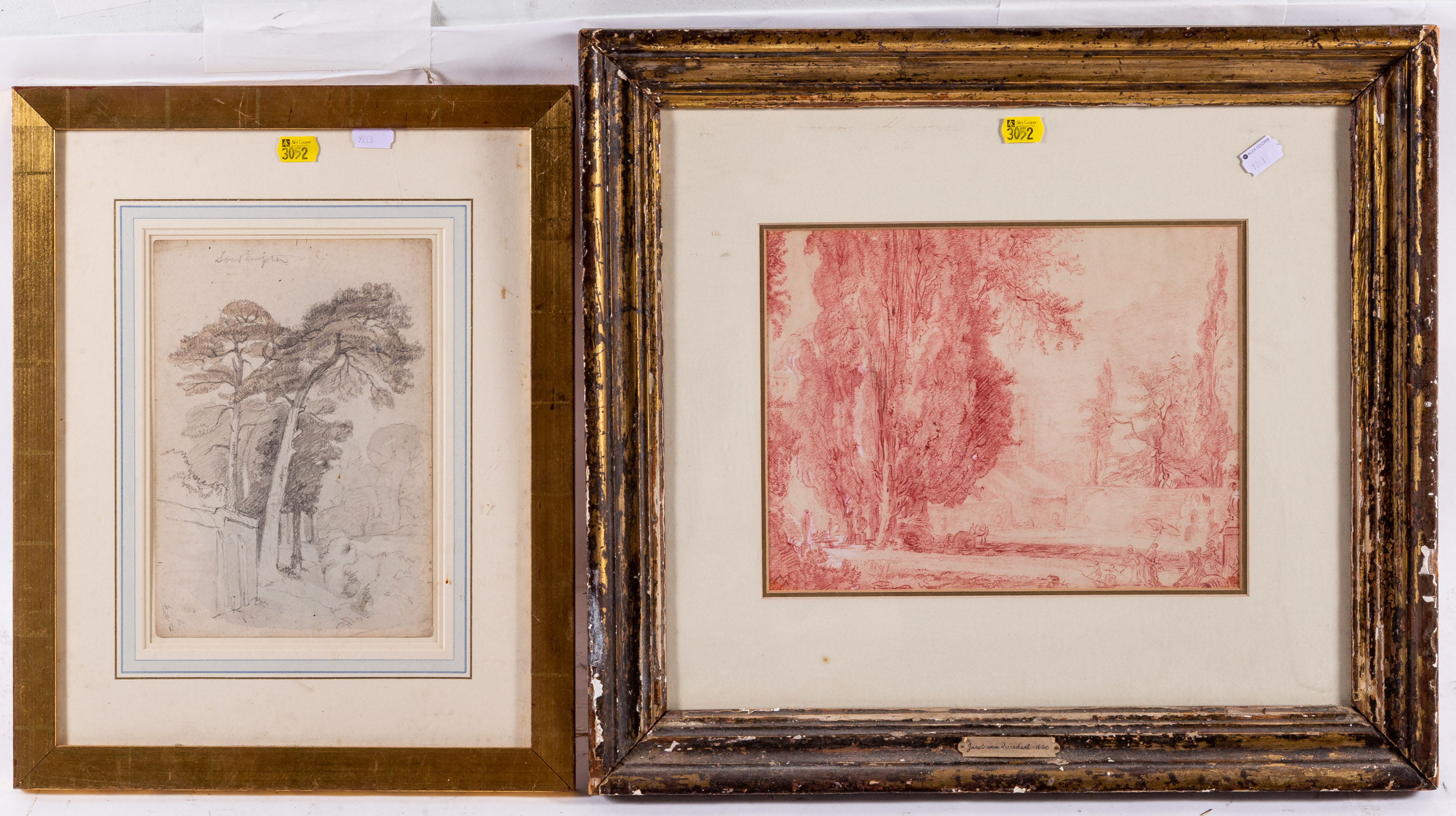 TWO FRAMED DRAWINGS OF LANDSCAPES,