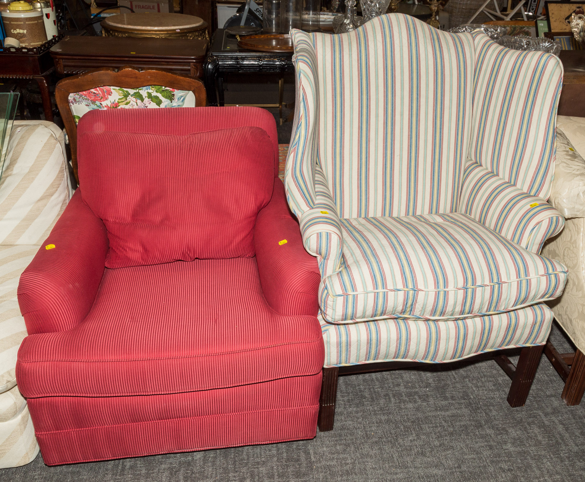 TWO UPHOLSTERED PARLOR CHAIRS Including