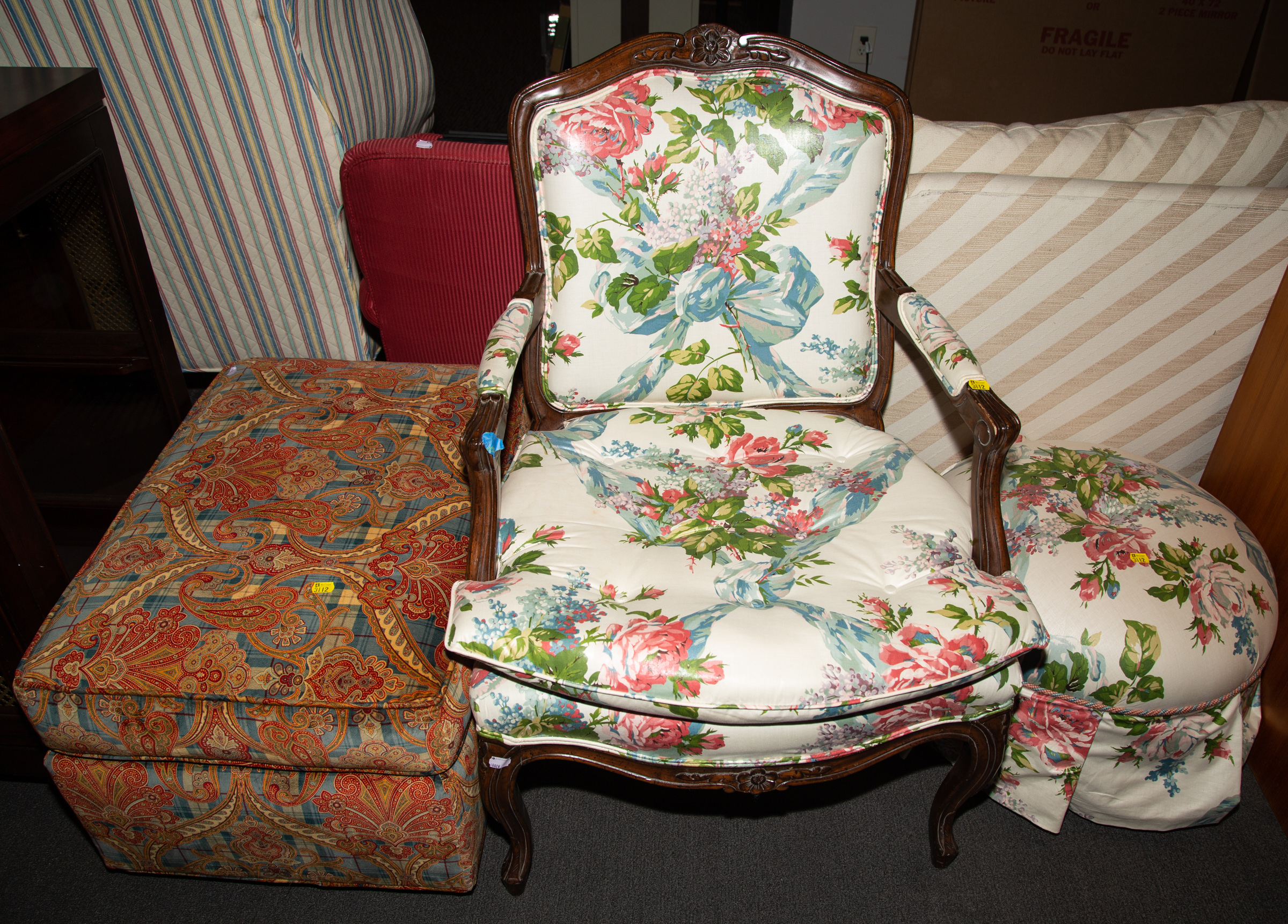 LOUIS XV STYLE ARMCHAIR & TWO OTTOMANS