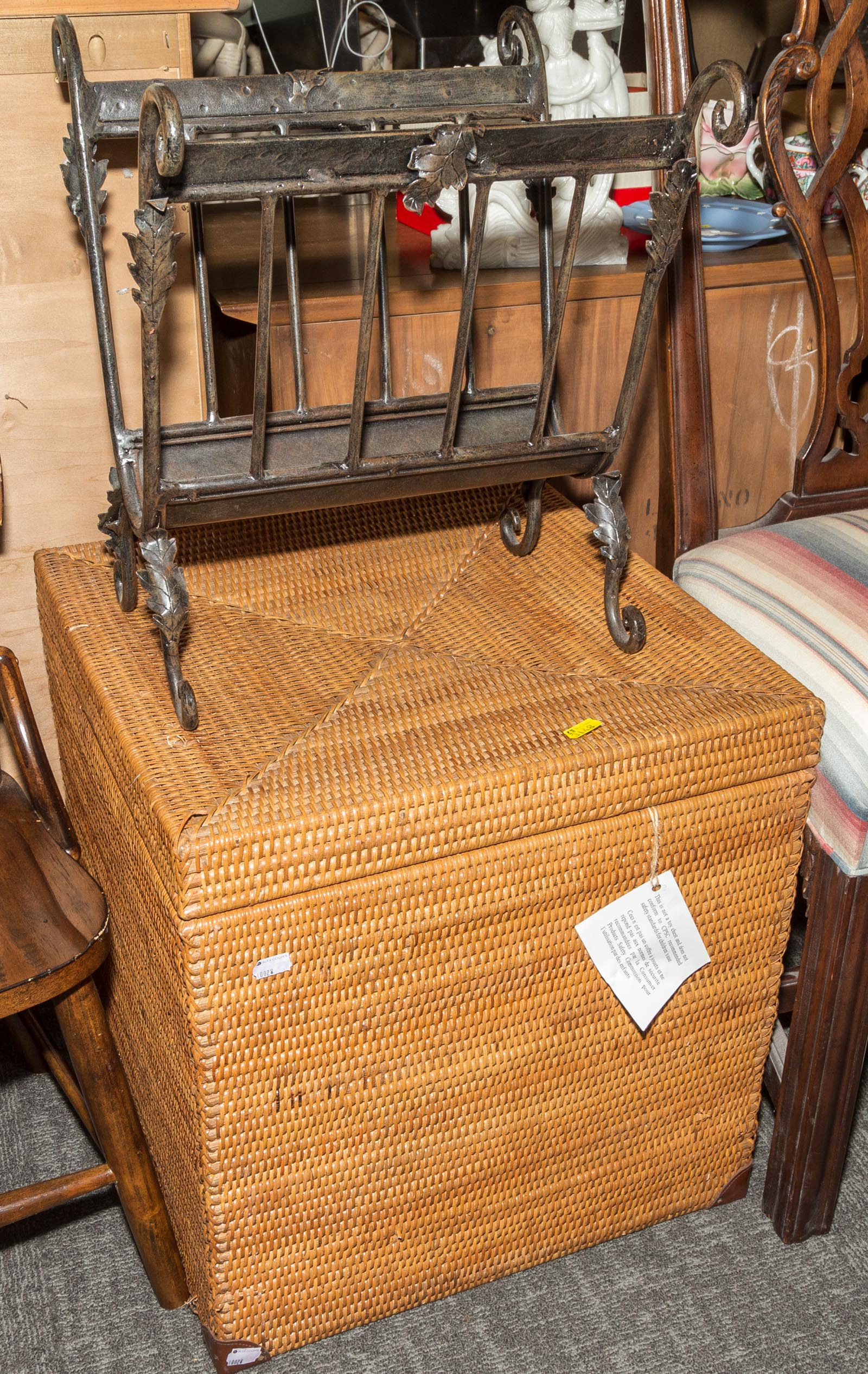 WROUGHT IRON LOG RACK & WICKER BASKET