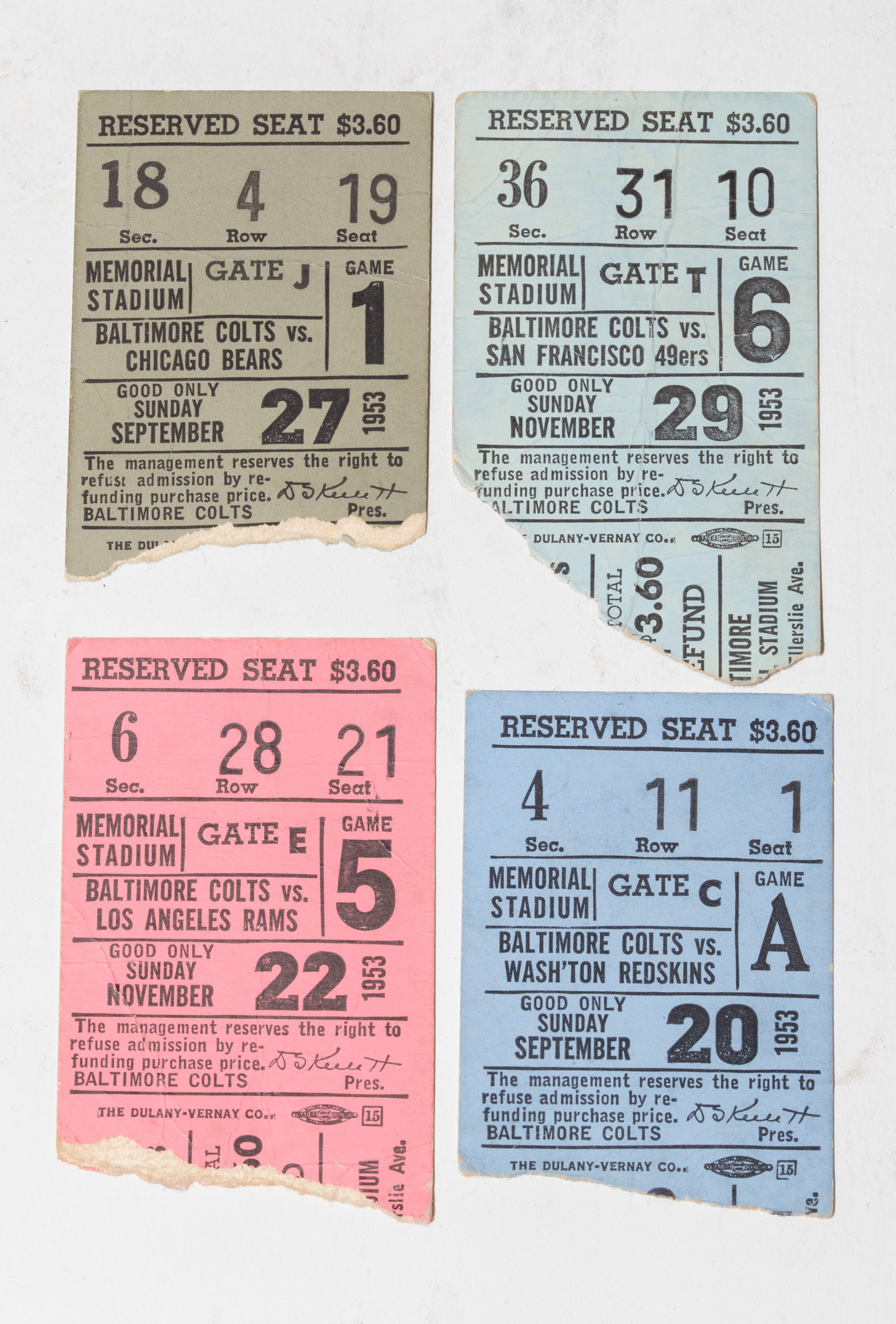 FOUR TICKET STUBS - BALTIMORE COLTS