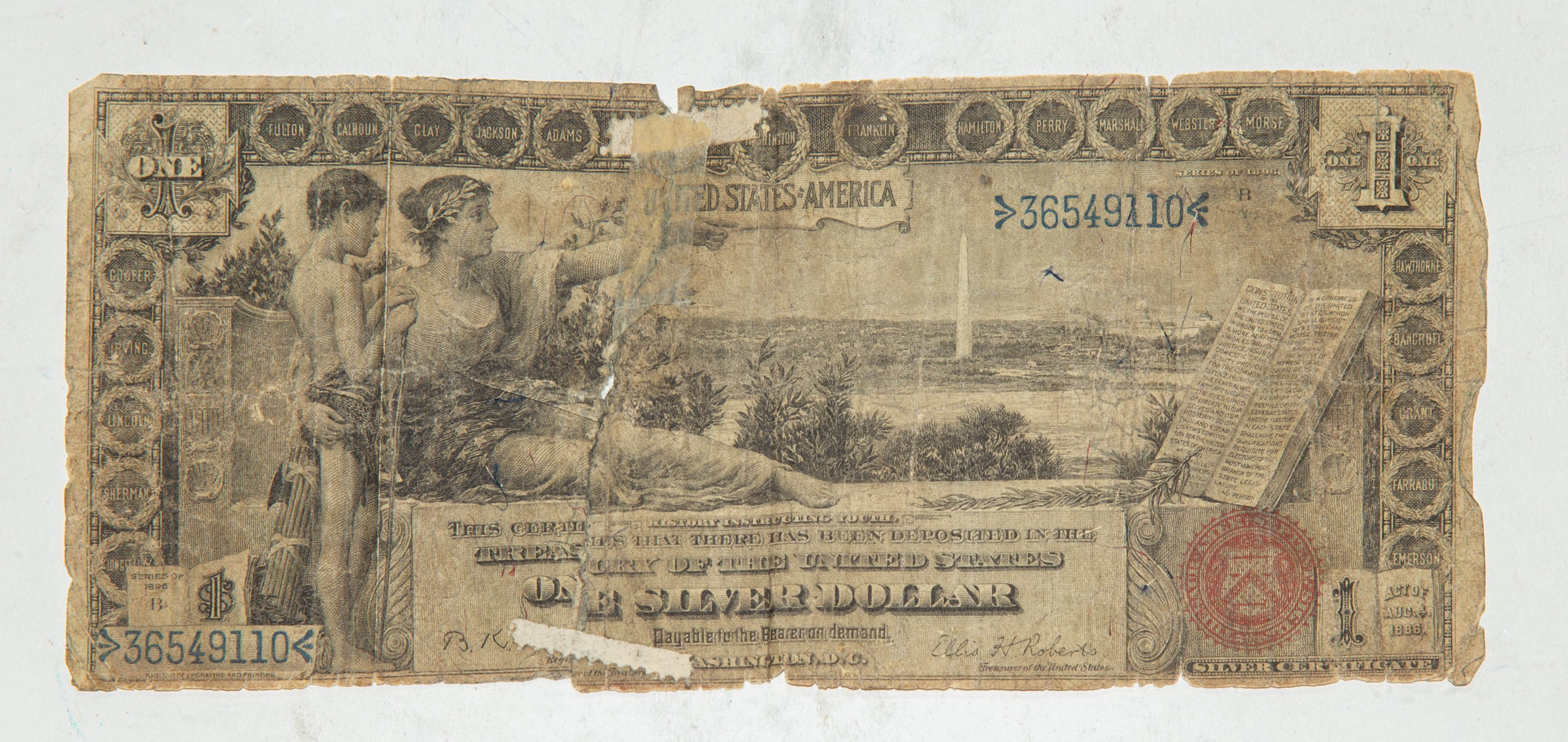 1896 $1 EDUCATIONAL NOTE AG/G Folds,