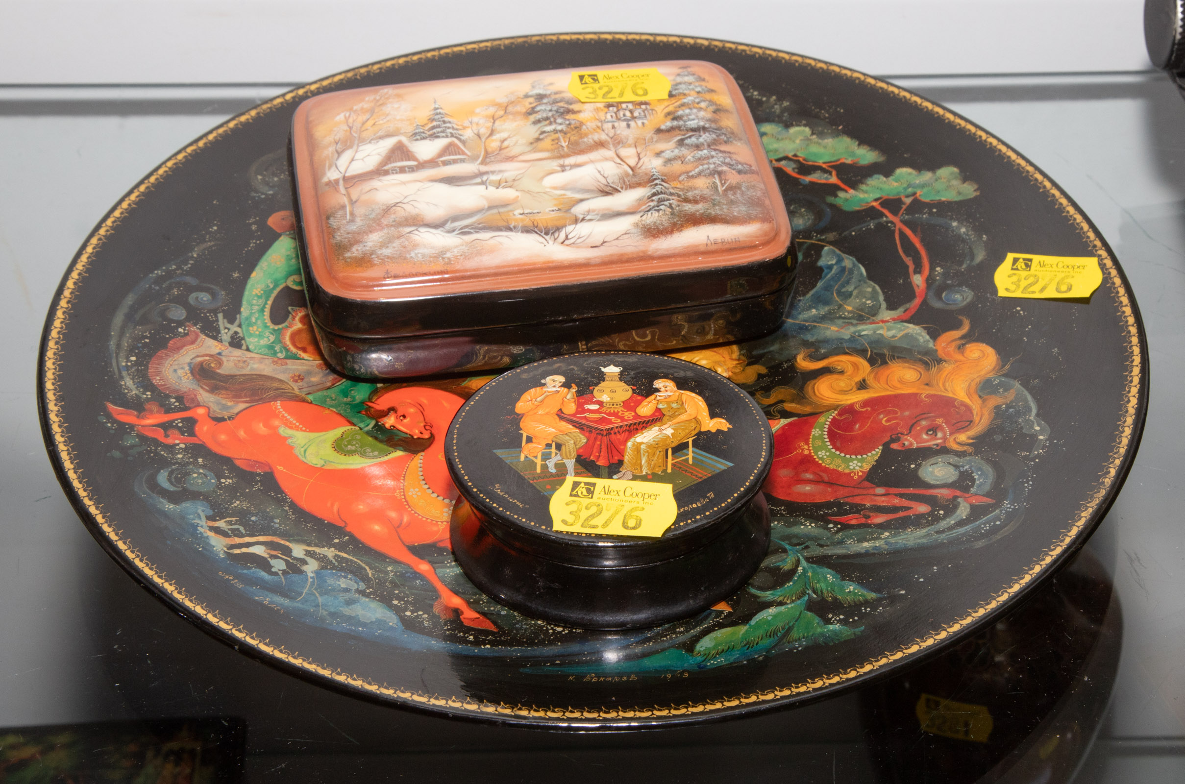 TWO RUSSIAN LACQUER BOXES & PLATE