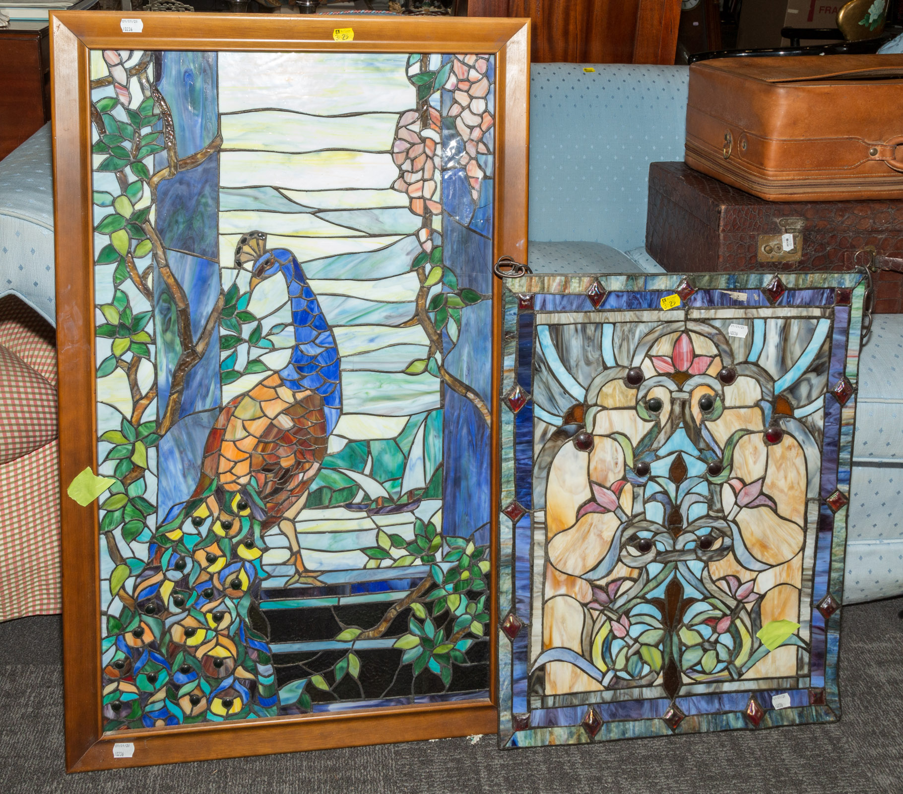 TWO ART NOUVEAU STYLE STAINED GLASS