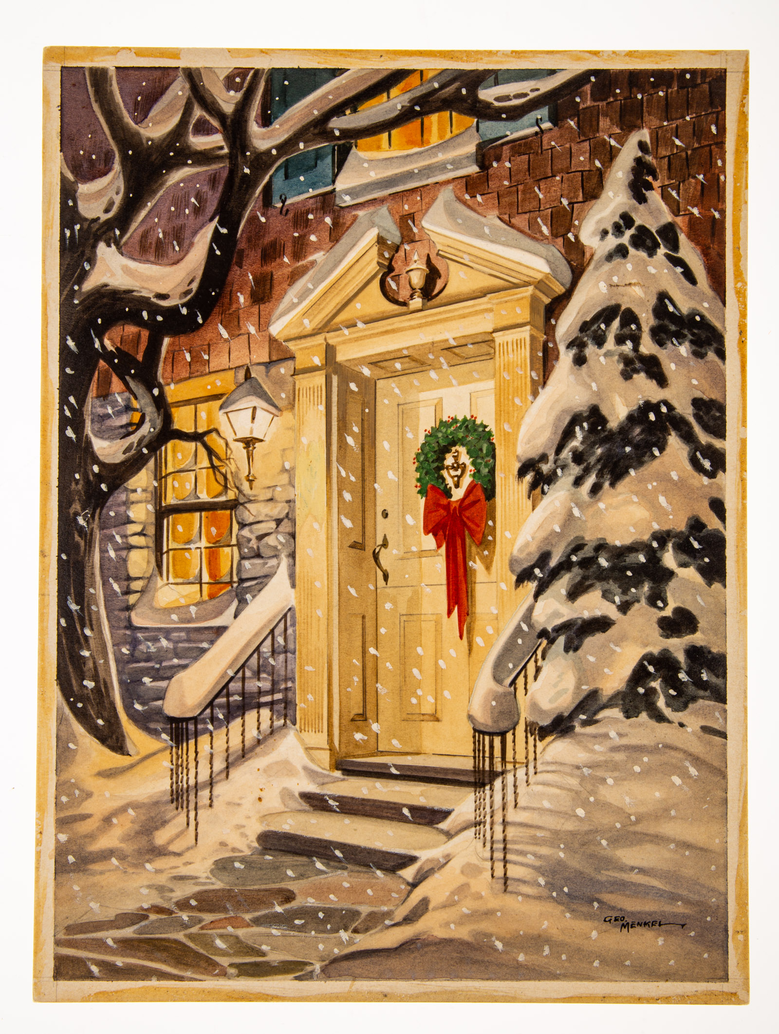 GEORGE MENKEL SNOWY DOORWAY WATERCOLOR 3357c1