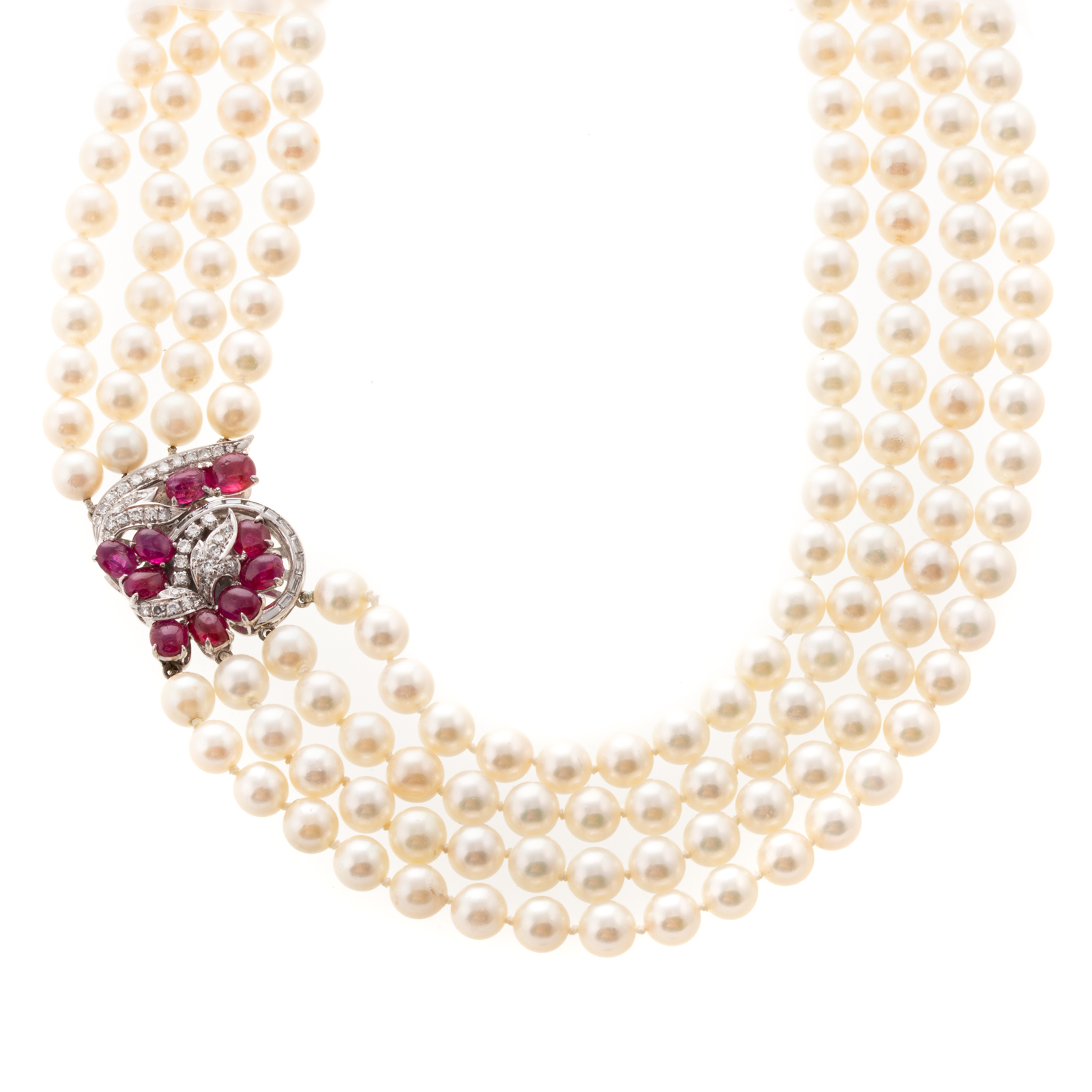 A PEARL NECKLACE WITH RUBY & DIAMOND