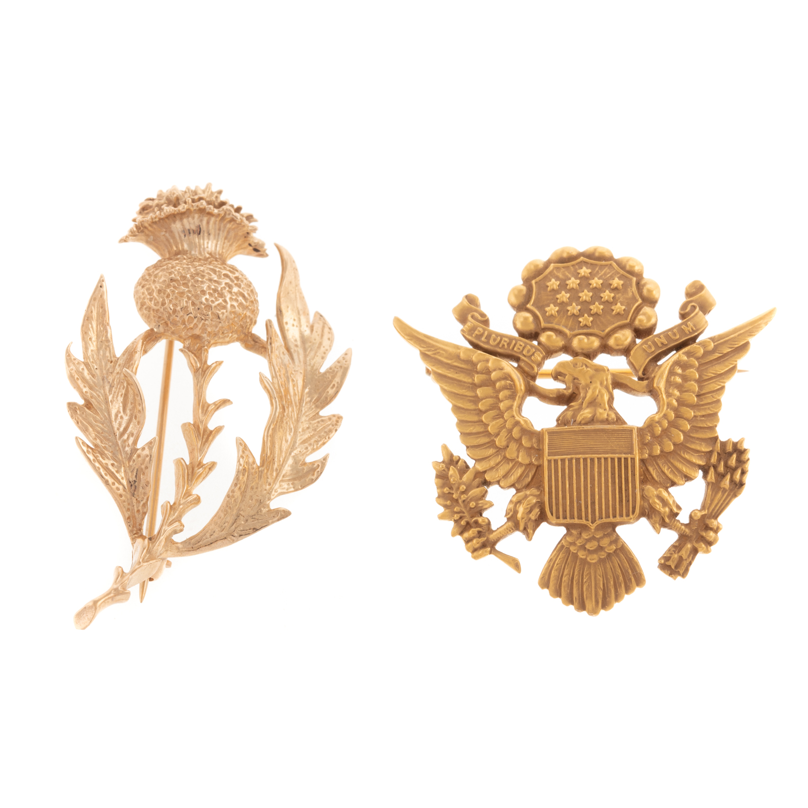 TWO DECORATIVE YELLOW GOLD PINS