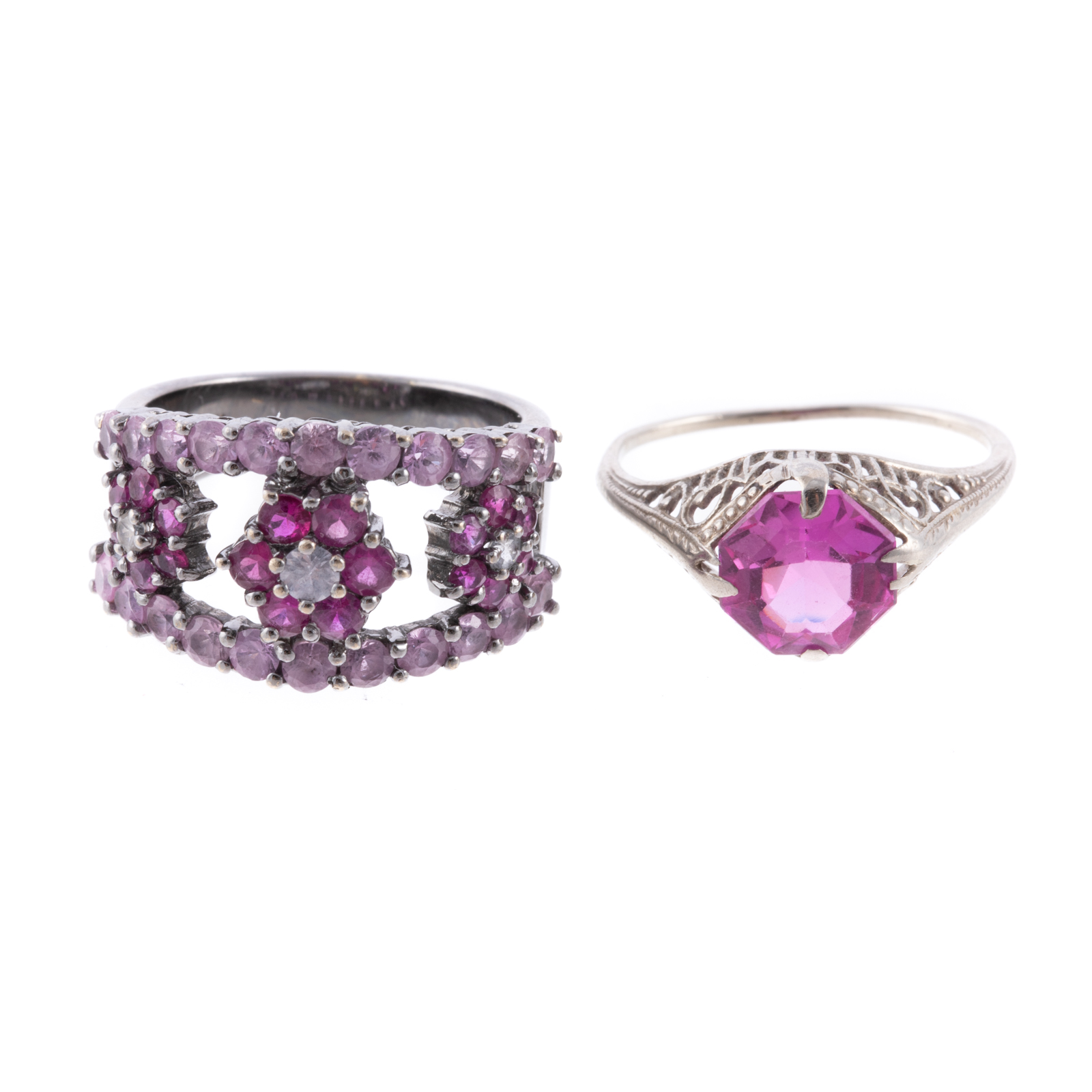 TWO PINK STONE RINGS IN 18K & 14K