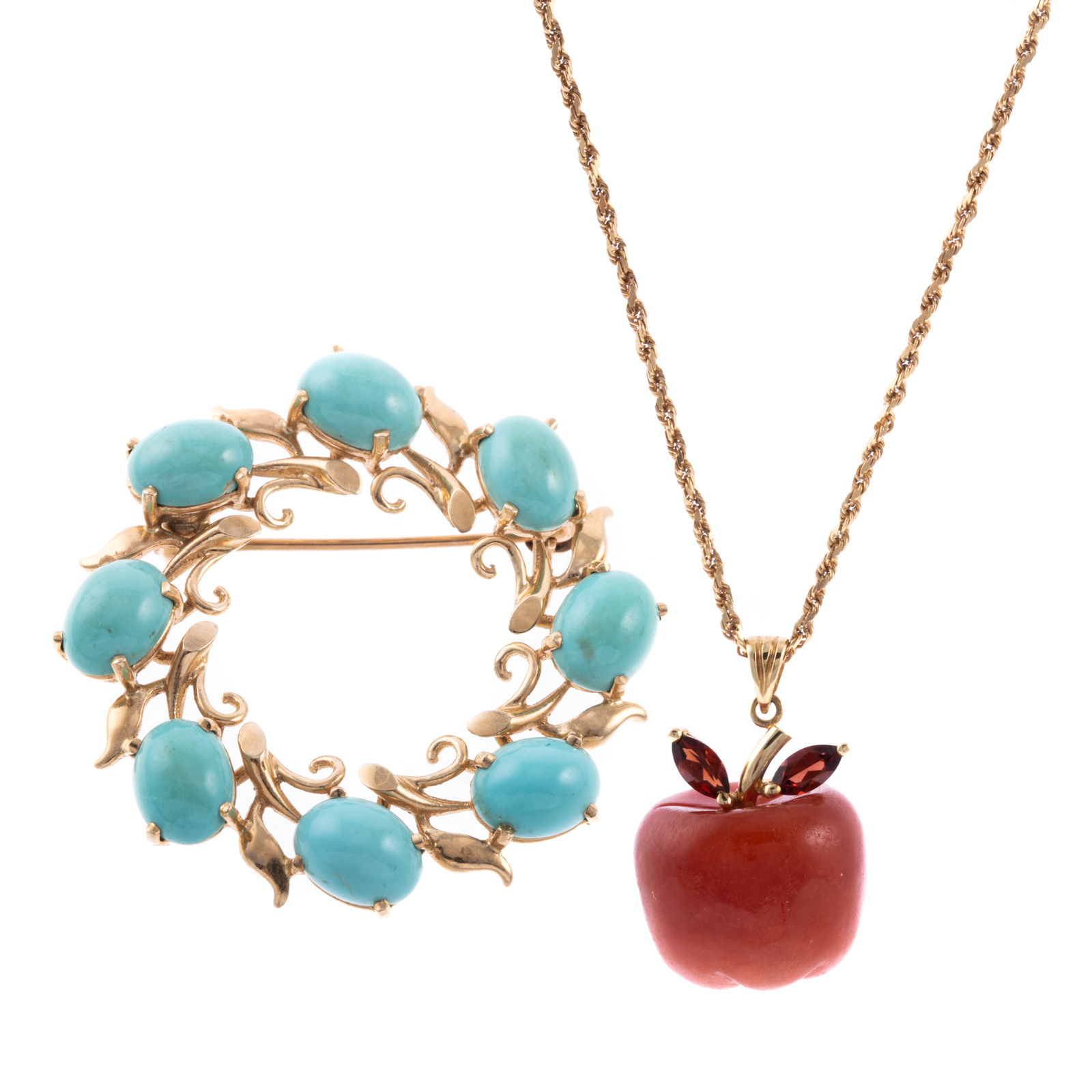 A TURQUOISE PIN & JADE APPLE PENDANT