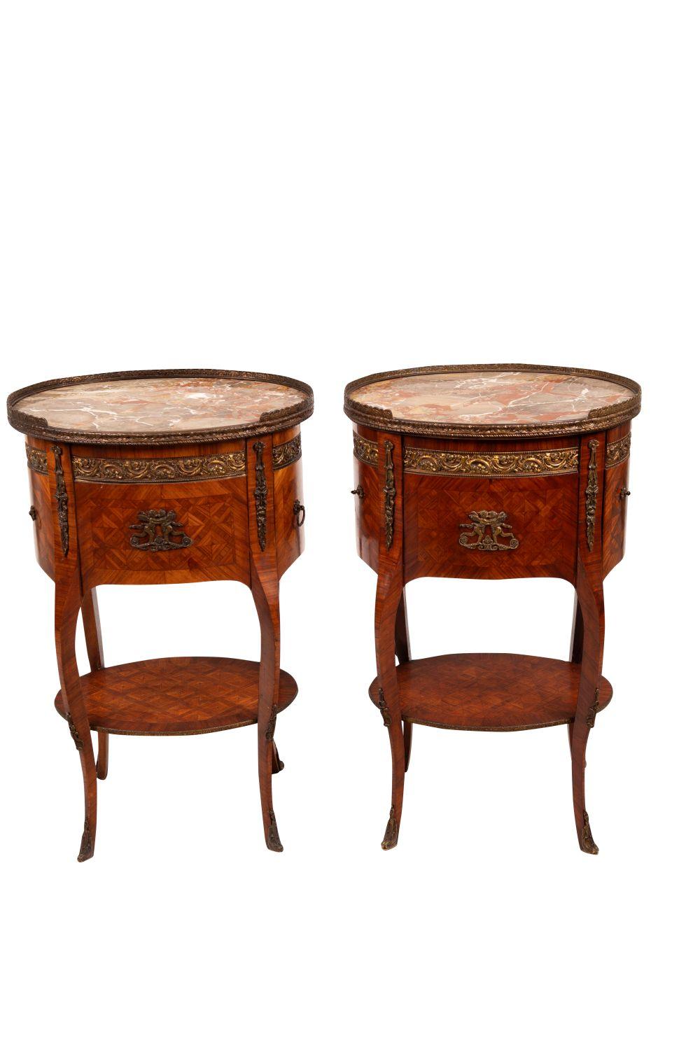 PAIR OF FRENCH PARQUETRY & MARBLE