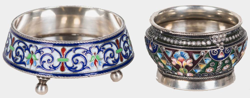 TWO RUSSIAN SILVER ENAMEL SALT 335b02